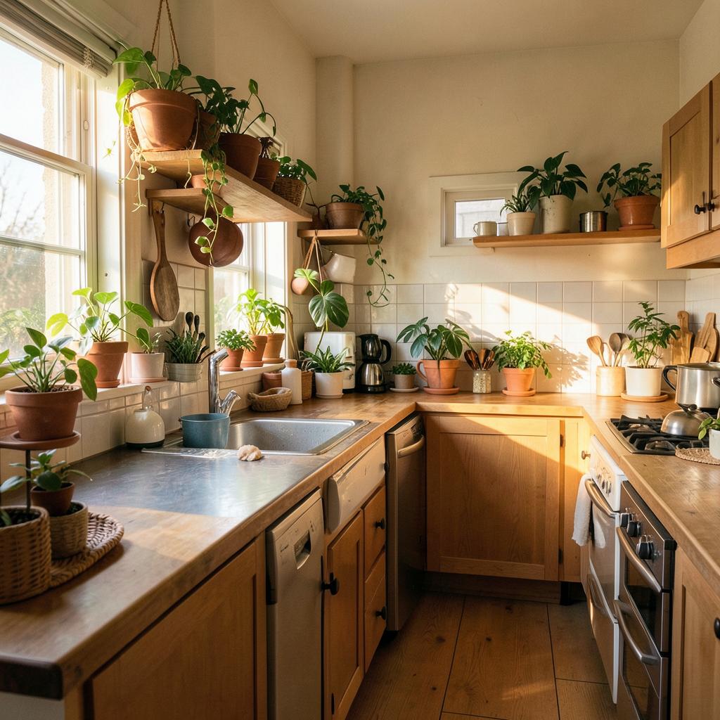 Shared kitchen with plants at Rent House men's hostel